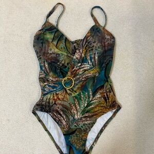 Green and Blue One Piece Swimsuit with Tropical Print